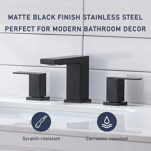Black 8 Inch Widespread Bathroom Faucet With Two Handles Slick Matte Black Modern RV Lavatory Vanity Faucet 3 Hole Sink Faucet With Pop Up Drain And Water Supply Lines Included Durable Brass Construction on white counter