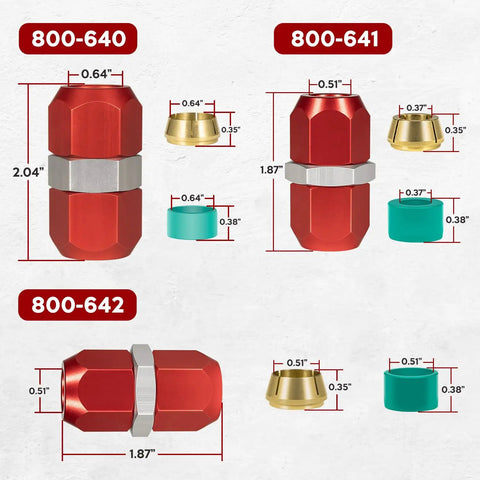 Auto Air Conditioning Splice Connector Kit For Five Eighths, Three Eighths, And One Half Inch Aluminum Lines, multiple sizes shown.