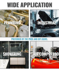Collage showing plumbing connectors, car repair, shower, and air compressor use for Brass Pipe Fittings One Half Inch Male To One Half Inch Female NPT Adapters Pack Of Two Durable Solid Brass Extension Connectors For Shower Heads And Plumbing Hoses Corrosion Resistant Easy To Install Premium Quality