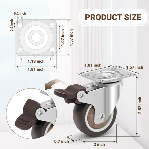 Heavy Duty Top Tier 2 Inch Caster Wheels Set Of 4 With Parking Brakes Silent Non Marking Rubber dimensions chart showing sizes.