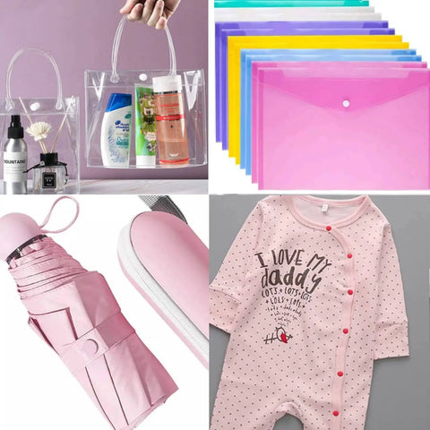 Clear tote bag with toiletries, colorful document holders, pink umbrella with sneakers, and pink baby onesie with text.