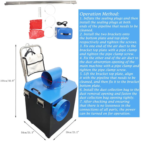 Heavy Duty Industrial Air Duct Dust Collector With Dual Voltage 110V 220V And Transformer 4000m3h 2200W Pro Grade Duct Cleaning System 16.4ft Hose For Warehouse Factory Workshop HVAC Maintenance, blue and black unit with 104cm height
