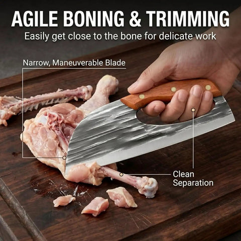 Hand Forged Chef Knife And Cleaver Set With Leather Sheath, Carbon Steel Viking Meat Cleaver on wooden board with chicken