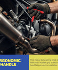 Using Two-Piece T-Handle Exhaust Spring Puller Set on motorcycle exhaust for easy universal hanger removal.