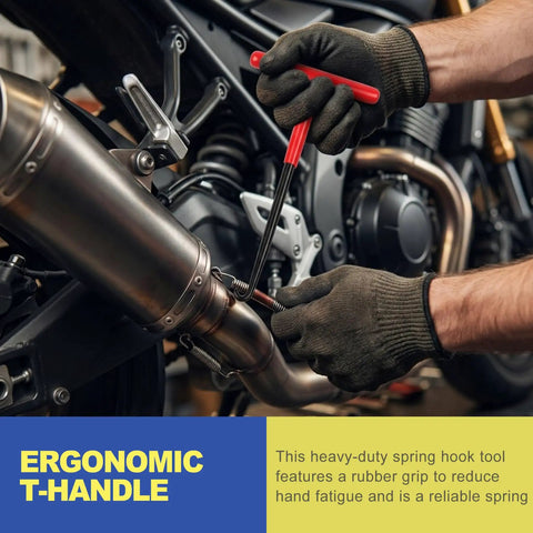 Using Two-Piece T-Handle Exhaust Spring Puller Set on motorcycle exhaust for easy universal hanger removal.