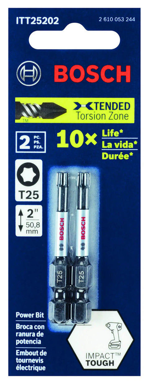Ten Pack 2 Inch Torx T25 Impact Screwdriver Bits With Xtended Torsion Zone For High Torque Precision Engineered Tips packaging