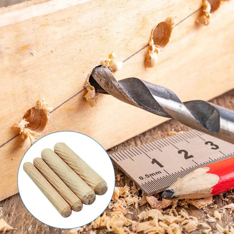 Drill in wood with inset of 100 Pcs Wooden Dowels Set With 50 M6 And 50 M8 Fluted Dowels For Crafts Furniture DIY Woodworking 6mm 8mm