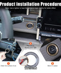 Installation steps for Factory Look Snug Fit Push Start Button Cover For Hummer Electric Pickup 2024 2025 with adhesive tips.