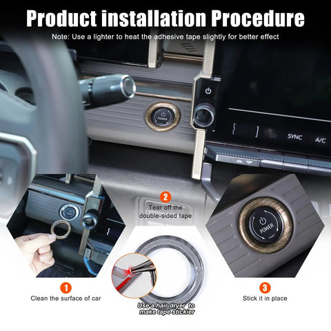 Installation steps for Factory Look Snug Fit Push Start Button Cover For Hummer Electric Pickup 2024 2025 with adhesive tips.