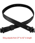 Rugged Buffalo Hide Rifle Sling With Mil Spec Swivels And Black Leather Hunting Strap featuring adjustable length from 27 to 42 inches.