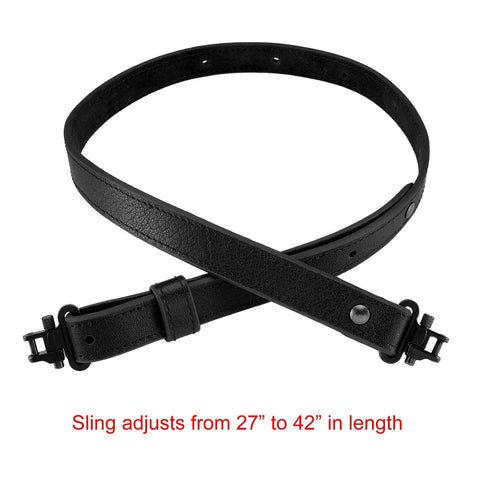 Rugged Buffalo Hide Rifle Sling With Mil Spec Swivels And Black Leather Hunting Strap featuring adjustable length from 27 to 42 inches.