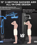 Chrome Veken dual-head shower with handheld and adjustable extension arm; left shows extended arm, right shows fixed arm