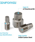 Pro Grade 25 Piece Screw Extractor Set With EZ Out Bolt Remover, Hex Head Multi-Spline Bits, close-up of C45E4 carbon steel bits