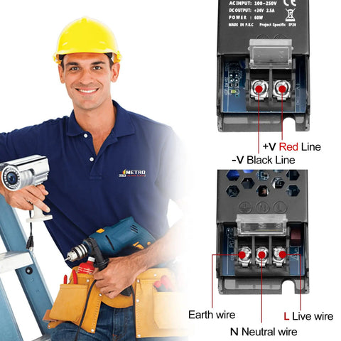 Top Shelf Rock Solid 24V Power Supply 2.5A 60W Switching Adapter with wiring connections shown, ideal for LED projects.