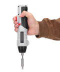 Heavy Duty Cordless Electric Drill And Driver Combo Kit With Slick Operation And Kickass Torque For No Sweat Diy Fixes Or Pro Jobs Featuring 36 Rugged Drill Bits And Eight Flexible Socket Sizes, handheld close-up.