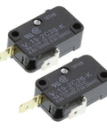 V-15-2C26-K pack of 2 black snap action mini switches for control panels and DIY projects, showing side view and labels