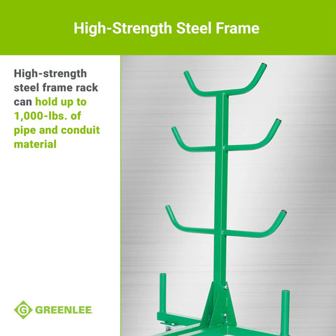 Heavy Duty Mobile Conduit And Pipe Rack Featuring Badass Seven Bin Jobsite Organizer With Hella Smooth Swivel Casters Fully Foldable Stackable Setup For Crews with high-strength steel frame holding 1000 lbs of pipe.