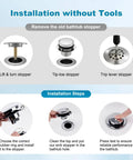 Installation guide for Heavy Duty Metal Bathtub Drain Stopper That Actually Works with tools-free steps and various stopper types.