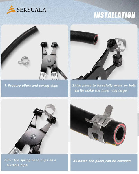 Installation process for 120 Piece Spring Band Hose Clamps Set 6mm To 25mm with swivel flat clamp plier in steps.