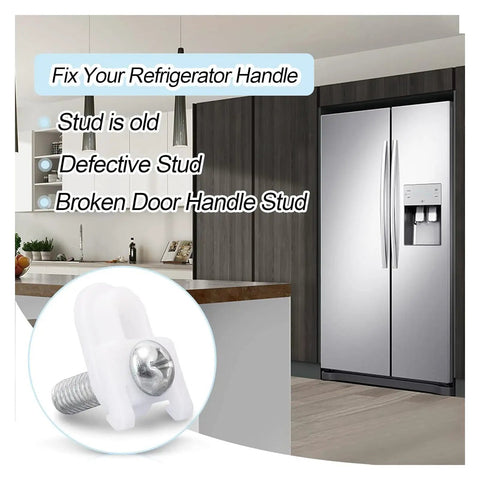 Door Handle Mounting Stud Kit For Refrigerator Replacement, easy install shown with fridge and defective stud list.