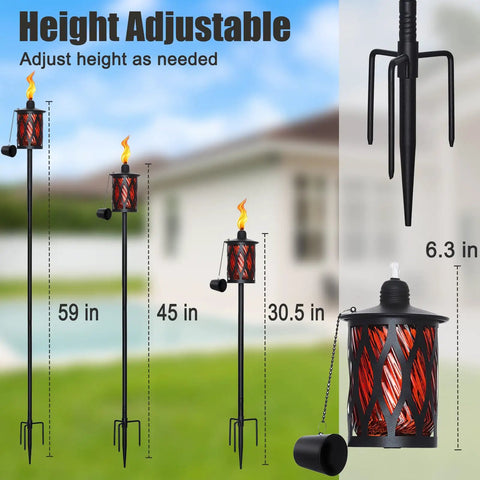 4 Pack Glass Outdoor Citronella Torches With 14 Oz Fuel, Adjustable 30 To 59 Inch Height, Multi Color Glass Flames On 4 Prong Grounded Stakes