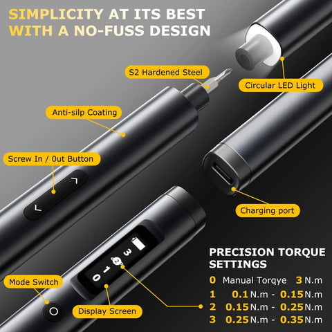 Mini 3.7V Cordless Electric Screwdriver Kit With LED Light 57 In 1 Magnetic Precision Screwdriver Set Adjustable Torque For Phones Cameras Laptops Watches And More A Handy Portable Repair Tool For Everyday Fixes showing close-up of buttons, LED light, and torque settings.
