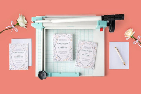 Overhead view of Heavy Duty Guillotine Paper Cutter For 1 Inch Thick Stacks With Easy Operation And Precision Alignment Boss Level Cuts.