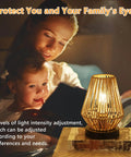 Cozy Boho Rattan Table Lamps Set Of 2 With Touch Control illuminating a woman and child reading at night