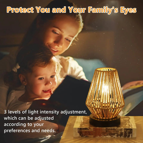 Cozy Boho Rattan Table Lamps Set Of 2 With Touch Control illuminating a woman and child reading at night