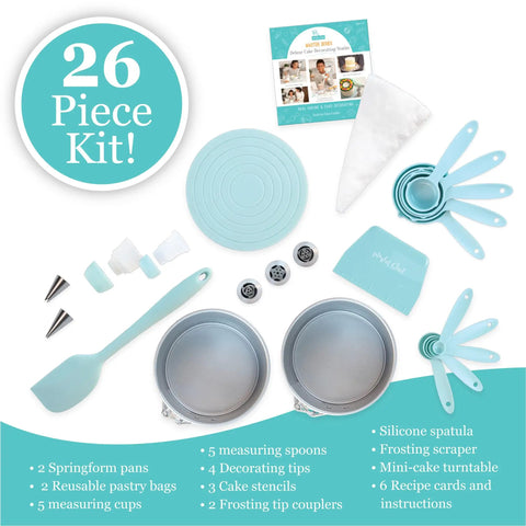 Playful Chef Kids Cake Decorating Kit with pans, pastry bags, stencils, and recipes for real baking fun, 26-piece kit overview.