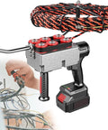 Brushless Cordless Electric Threading Machine Paired With A Smooth Automatic Fish Tape Wire Puller, showing the device with cable lead.