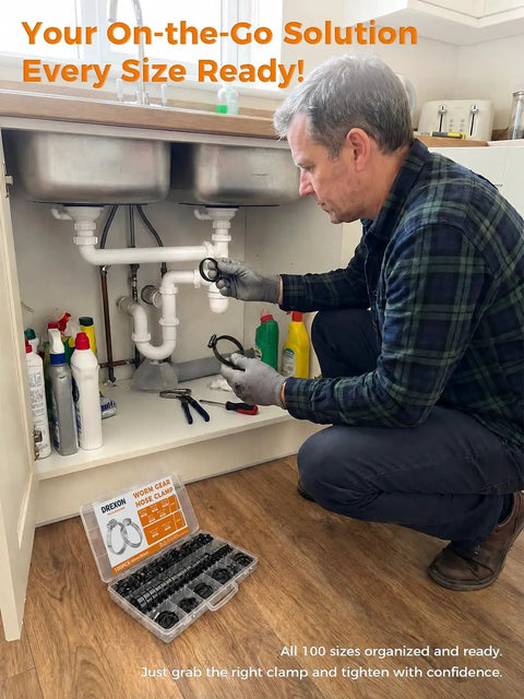 Man using 100 Pc Hose Clamp Kit with 304 Stainless Steel Worm Gear Clamps, adjustable from 1/4 to 1-1/2 inches, for plumbing.