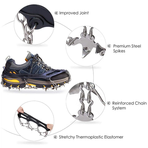 Heavy Duty Ice Cleats With 19 Stainless Steel Spikes For Boots And Shoes, featuring stretchy TPE and reinforced chain system