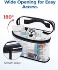 Clear TSA Approved Toiletry Bag Set Two Pack With 180 Degree Opening Quart Size Cosmetic Organizer showcasing wide opening and packed items