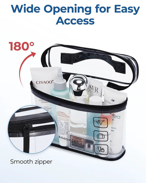 Clear TSA Approved Toiletry Bag Set Two Pack With 180 Degree Opening Quart Size Cosmetic Organizer showcasing wide opening and packed items