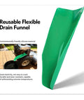 Foldable Silicone Oil Drain Funnel With Aluminum Plate in green, showing reusable flexible material and displayed near lawn mower.