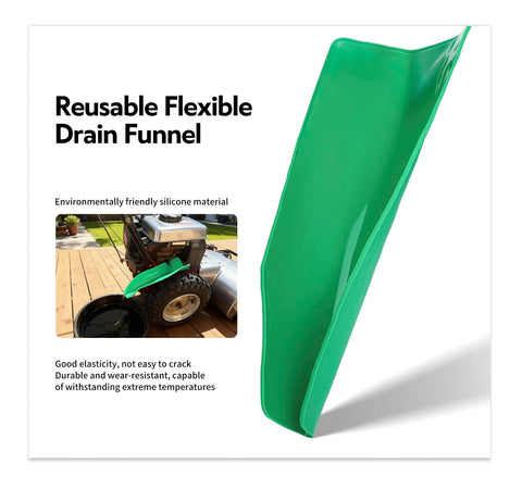 Foldable Silicone Oil Drain Funnel With Aluminum Plate in green, showing reusable flexible material and displayed near lawn mower.
