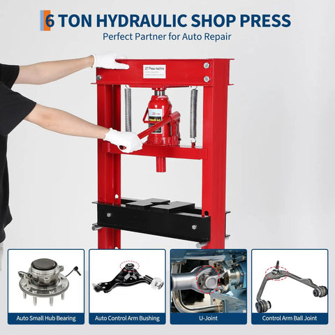 6 ton hydraulic shop press in use, red H-frame, arm pushing lever, labeled auto repair applications shown below