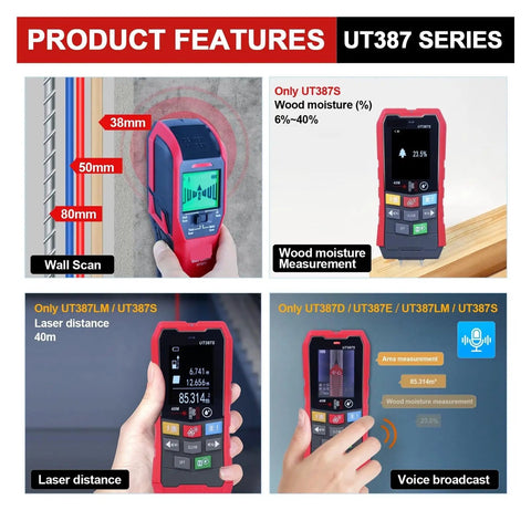 Top Shelf Digital Stud Finder And Wall Scanner Featuring Hella Accurate Wood Metal Detection Live AC Wire Alert And Precise Depth Measurement For Home Repair Essentials showing features including wall scan and moisture measurement.
