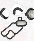 Solenoid Gasket Spool Valve Filter Screen For Honda Black Pack Of 1 Easy Install To Stop Oil Leaks And Clogged Screen In VVT System OEM Ready OE 15815 5G0 A01 visible with close-up detail of mesh filter and gasket design.