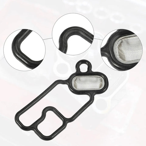 Solenoid Gasket Spool Valve Filter Screen For Honda Black Pack Of 1 Easy Install To Stop Oil Leaks And Clogged Screen In VVT System OEM Ready OE 15815 5G0 A01 visible with close-up detail of mesh filter and gasket design.
