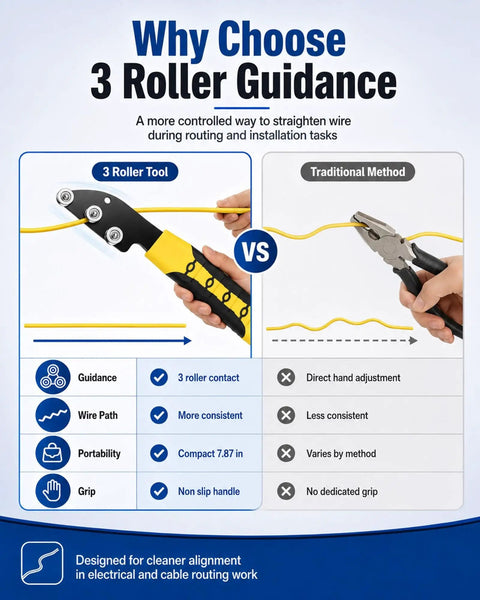 Comparison of 3 Roller Tool and traditional method for wire straightening efficiency in electrical work.