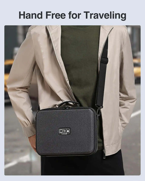 Large Electronic Organizer Travel Case With Hella Roomy Interior Rock Hard Shell Eva Protection For Chargers Cables And Tablets Up To 11 Inches Grab Bag Style With Shoulder Strap being carried by a person.