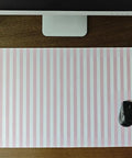 Pastel Pink Striped Desk Mat XXL Large Gaming Mouse Pad For Home Office Decor displayed on a desk with a monitor and mouse