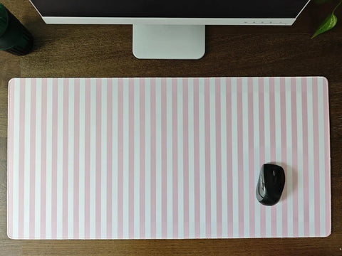 Pastel Pink Striped Desk Mat XXL Large Gaming Mouse Pad For Home Office Decor displayed on a desk with a monitor and mouse