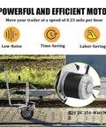 Heavy Duty Electric Trailer Dolly With 5000 Lbs Tow Capacity, Powerful 350W Motor detailed view of 350-watt motor and jockey wheel on pavement.