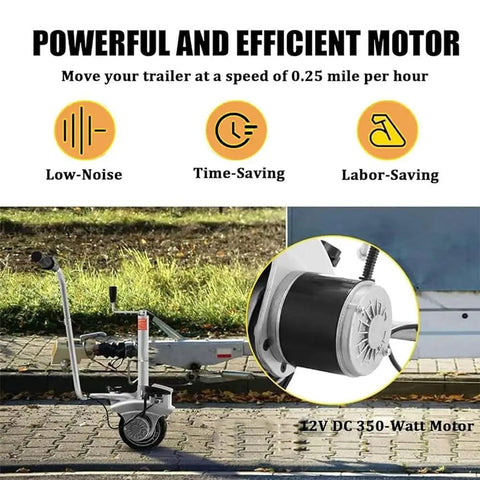 Heavy Duty Electric Trailer Dolly With 5000 Lbs Tow Capacity, Powerful 350W Motor detailed view of 350-watt motor and jockey wheel on pavement.