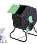 Side view of Compost Tumbler Bin With Sliding Doors, 18.5 Gallon Rotating Chamber, Portable Outdoor Garden Compost Bin with gloves and tool.