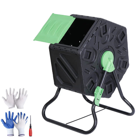Side view of Compost Tumbler Bin With Sliding Doors, 18.5 Gallon Rotating Chamber, Portable Outdoor Garden Compost Bin with gloves and tool.