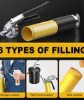 Fantictas grease gun kit, front view: pistol-grip 8000 PSI with lock coupler, 18-inch flex hose and yellow cartridge